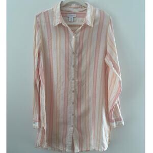 Antibes Blanc Striped Linen Button Down Tunic Shirt Women’s Large Pink White